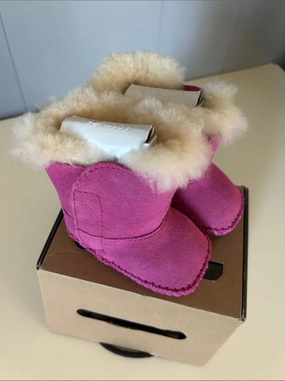 UGG Pink Suede Infant Booties with Shearling Cuff